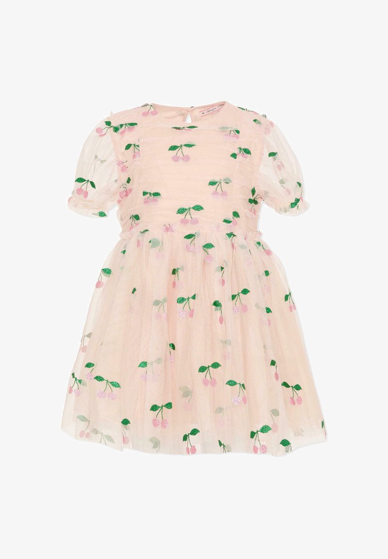 Lichtroze jurk met pofmouwen, voorzien van groene en roze kersenborduursels. Gemaakt van lichtgewicht tule met een geplooide rok en een sleutelgat aan de achterkant.