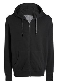 Zwarte zip-up hoodie met een trekkoordcapuchon, grijs gevoerde binnenkant, twee voorzakken en geribbelde manchetten en zoom. Glad textuur, casual design.
