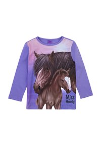 Langarm-Pullover in Lila mit einem Pferde-Graphic in Braun und Creme sowie dem Text "Miss Melody" in Schwarz und einem Farbverlauf-Hintergrund.