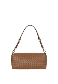 Woven brown leather handbag with a rectangular shape, a short shoulder strap, and gold hardware accents. Smooth texture and sleek design.