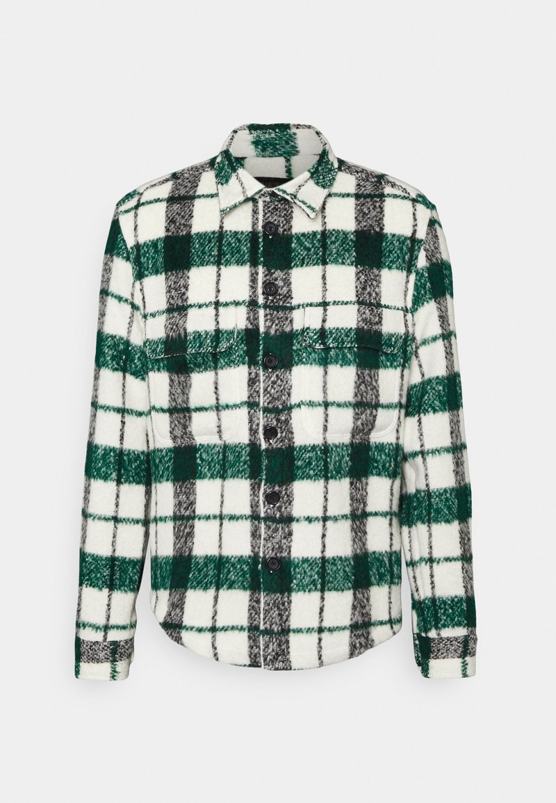 Koszula z długim rękawem na guziki w zielono-czarną i białą kratę, z dwoma kieszeniami na piersi z patkami.
