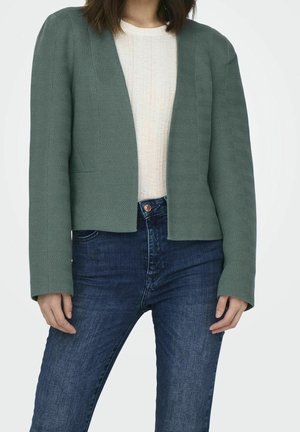Femme portant un blazer texturé vert clair sur un haut blanc et un jean bleu, se tenant devant un fond blanc uni.