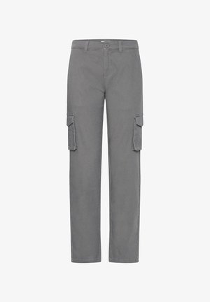 Grå cargobukser med rette ben, sidelommer med klaff, beltehemper, knappelukking og glidelås foran.