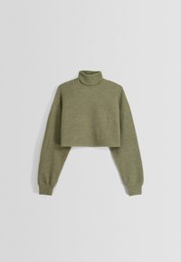 Olivově zelený krátký svetr s vysokým límcem, žebrovanou texturou a dlouhými rukávy. Má pohodlný střih a minimalistický design.