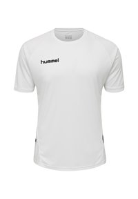 Wit sport-T-shirt met korte mouwen en ronde hals, zwart "hummel"-logo op de linkerborst en zwarte zijaccenten.