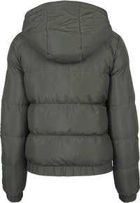 Doudoune verte foncée avec capuche, comportant des sections matelassées, un ourlet cintré et une texture lisse et brillante.