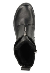 Bottines en cuir noir avec une finition lisse, fermetures éclair sur le côté, doublure en fourrure douce et bout arrondi. Semelle en caoutchouc pour une bonne adhérence.
