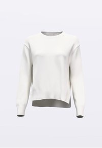 Fehér kötött pulóver kerek nyakkivágással, bordázott mandzsettákkal és szegéllyel, enyhén rövidített hosszúsággal; sima, mintázat nélküli felület.