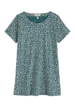 Teal short-sleeve T-shirt with white floral and leaf pattern, round neckline, and casual fit.