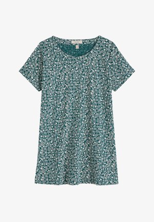 Mėlynos spalvos trumpomis rankovėmis marškinėliai su baltu gėlių ir lapų raštu, apvalia iškirpte ir laisvu fitu.