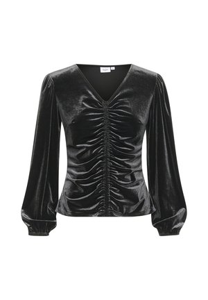 Top en velours noir avec un décolleté en V, de longues manches bouffantes et un détail froncé sur le devant. Texture lisse avec des poignets élastiqués.