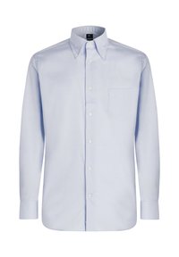 Svetlomodrá košeľa s dlhými rukávmi, golierom, jedným náprsním vreckom a bielymi gombíkmi, vyrobená z hladkej textílie.