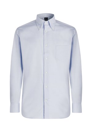 Světle modrá košile na knoflíky s dlouhými rukávy, límečkem, jednou náprsní kapsou a bílými knoflíky, vyrobená z hladké tkaniny.