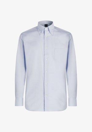 Hele sinine nööbideta särk pikkade varrukatega, krae, ühe rinna taskuga ja valged nööbid, valmistatud siledast kangast.