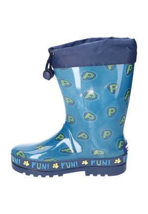 Niebieski dziecięcy kalosz z żółtymi odciskami łap, wzorami litery "F", granatowym mankietem u góry ze sznurkiem oraz napisem "FUN!" na obszyciu podeszwy.