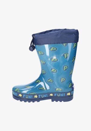 Niebieski dziecięcy kalosz z żółtymi odciskami łap, wzorami litery "F", granatowym mankietem u góry ze sznurkiem oraz napisem "FUN!" na obszyciu podeszwy.