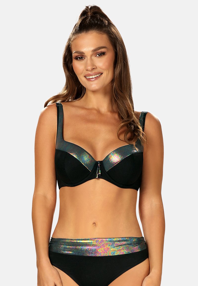 Czarny biustonosz z holograficznymi akcentami na miseczkach i zapięciem z przodu. Regulowane ramiączka, gładki materiał i pasujące figi.