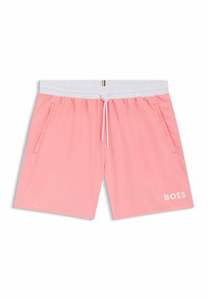 Rosa Herren-Badehose mit weißem elastischem Bund, Seitentaschen, Kordelzug und "BOSS"-Logo am linken Bein.