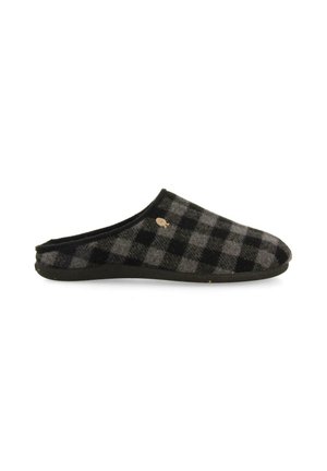 Zapatilla de casa a cuadros en negro y gris con parte trasera abierta, tejido texturizado y un pequeño logo de acento. Suela plana con diseño de punta redondeada.