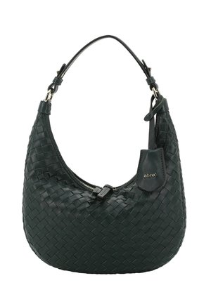 Black woven leather handbag with a single strap, zipper closure, and a small attached tag with brand name "abro".