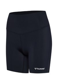 Czarne sportowe szorty wykonane z elastycznego materiału, z wysokim stanem, płaskimi szwami i białym logo na dolnym lewym rogu.