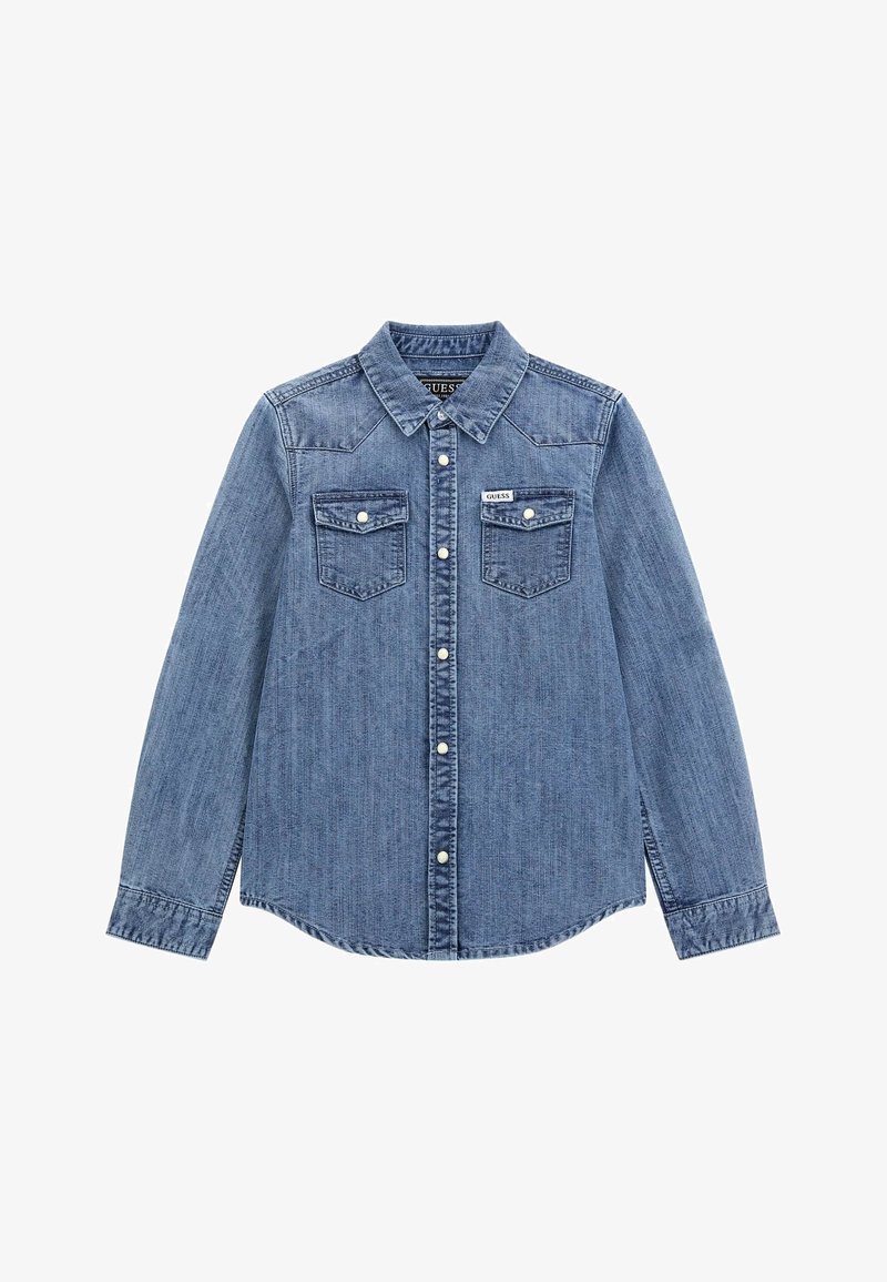 Lichtblauwe denim shirt met lange mouwen, kraag, twee borstzakken en knoopsluiting. Voorzien van karakteristieke stiksels en logo-accent.