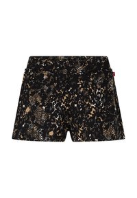 Černé a béžové šortky s hadím a leopardím potiskem, s hladkou texturou a volným střihem.