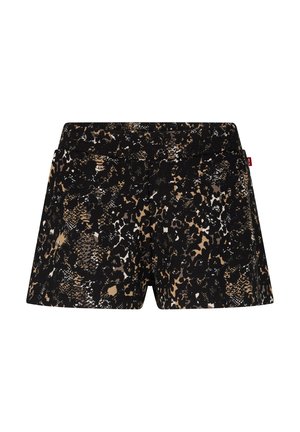 Pantalones cortos en negro y beige con estampado de serpiente y leopardo, de textura suave y ajuste relajado.