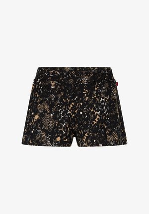 Czarno-beżowe szorty z wzorem węża i lamparta, o gładkiej fakturze i luźnym kroju.