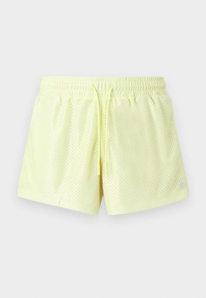 Gele mesh shorts met een elastische tailleband en een verstelbaar trekkoord. Heeft een geperforeerde structuur en een klein logo op de zoom.