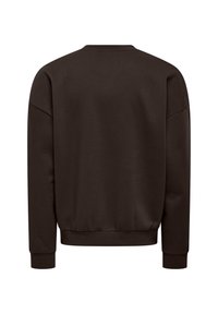 Sweat à manches longues marron foncé avec poignets, ourlet et encolure ronde côtelés, vu de dos sur fond blanc.