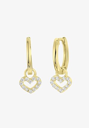 Gouden ringoorbellen met hartvormige hangers, voorzien van heldere kristallen die een hartontwerp vormen, gepolijste metalen afwerking.