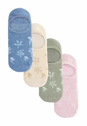 Vier onzichtbare sokken in blauw, beige, groen en roze, elk met een subtiel bloemenpatroon.