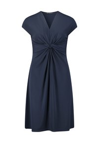 Robe bleu marine en tissu lisse, dotée d'un décolleté en V, de manches courtes, et d'un détail en nœud torsadé à la taille, avec une jupe fluide.