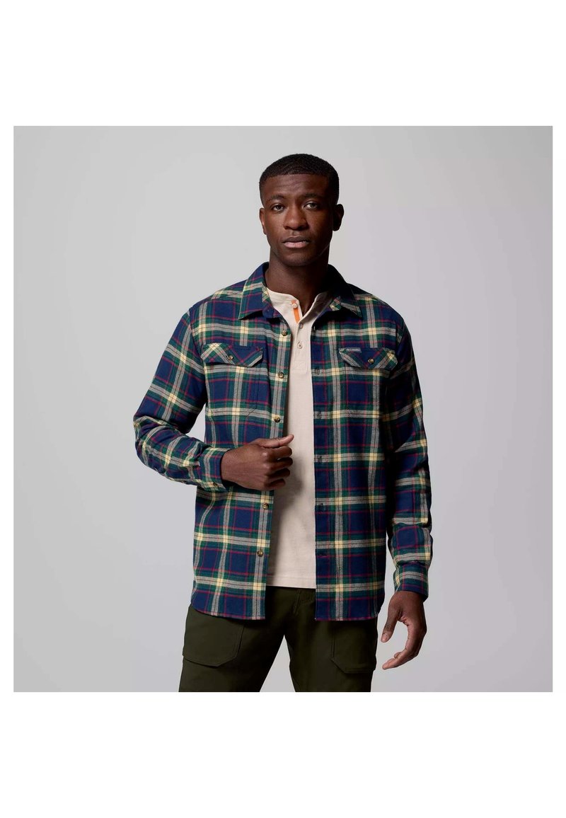 Camicia di flanella a quadri nei colori verde, navy e crema, con tasche con bottone e colletto, indossata sopra una camicia beige.