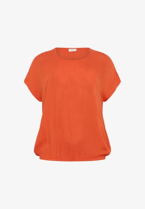 T-shirt à manches courtes de couleur orange vif, avec un col rond et une coupe décontractée agrémentée d'un ourlet froncé. Conçu en tissu léger et texturé.