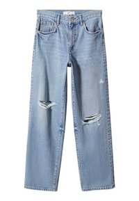 Jean en denim bleu clair à coupe droite, avec deux déchirures sur le devant, cinq poches, et une fermeture classique à bouton et zip.