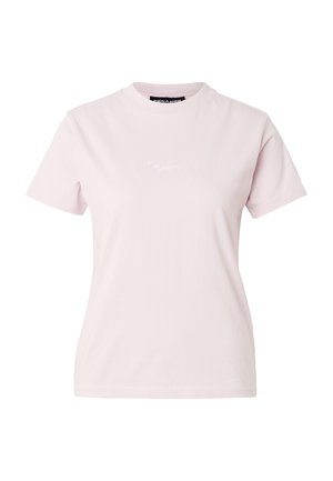 Maglietta a maniche corte color rosa chiaro con scollo rotondo e sottile logo scritto bianco al centro del petto.