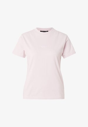 Maglietta a maniche corte color rosa chiaro con scollo rotondo e sottile logo scritto bianco al centro del petto.