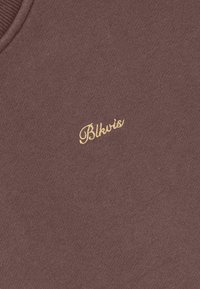 Brauner Sweatshirt mit glatter Textur, ausgestattet mit einem kleinen goldenen gestickten Logo "Blkwis" auf der Brust. Rundhalsausschnitt und lässiges Design.