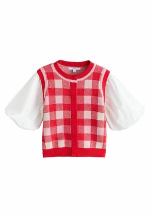 Rot- und rosa-karierter Strickcardigan mit rundem Hals, weißen Puffärmeln und Vorderknopfleiste. Enthält zarte Details an den Säumen.