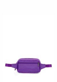 Paarse heuptas gemaakt van zacht materiaal met een gestructureerde buitenkant, ritszakken en verstelbare banden aan beide zijden.