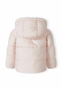 Lyst lyserød quiltet pufferjakke med fasthæftet hætte, vist fra ryggen, designet til varme i koldt vejr.