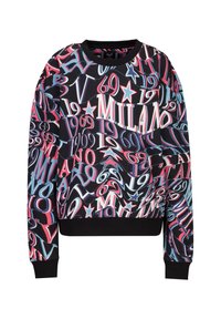 Schwarzer Sweatshirt mit einem lebhaften, abstrakten Druck aus Zahlen und Buchstaben in Rot, Blau und Weiß, mit einem gerippten Rundhalsausschnitt und Bündchen.