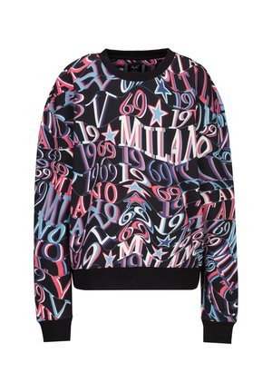 Zwarte sweatshirt met een levendige, abstracte print van cijfers en letters in rood, blauw en wit, met een geribbelde ronde hals en manchetten.