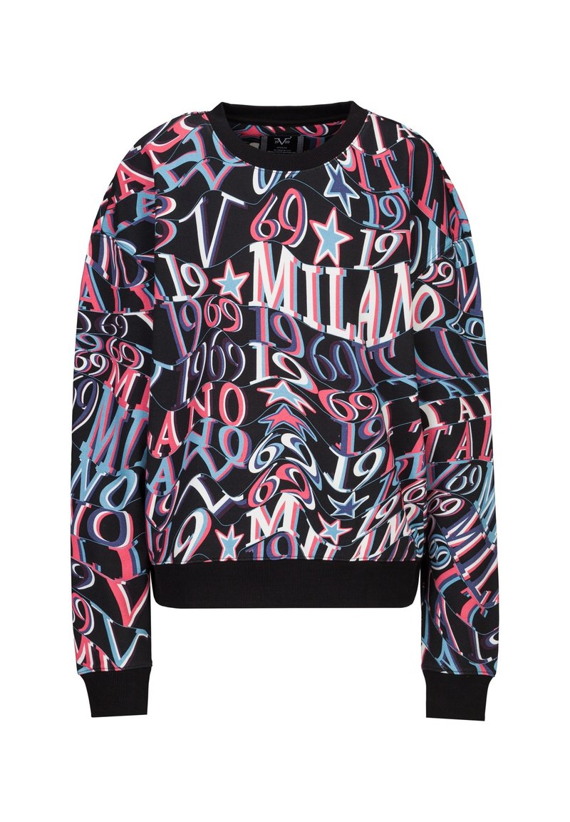 Schwarzer Sweatshirt mit einem lebhaften, abstrakten Druck aus Zahlen und Buchstaben in Rot, Blau und Weiß, mit einem gerippten Rundhalsausschnitt und Bündchen.