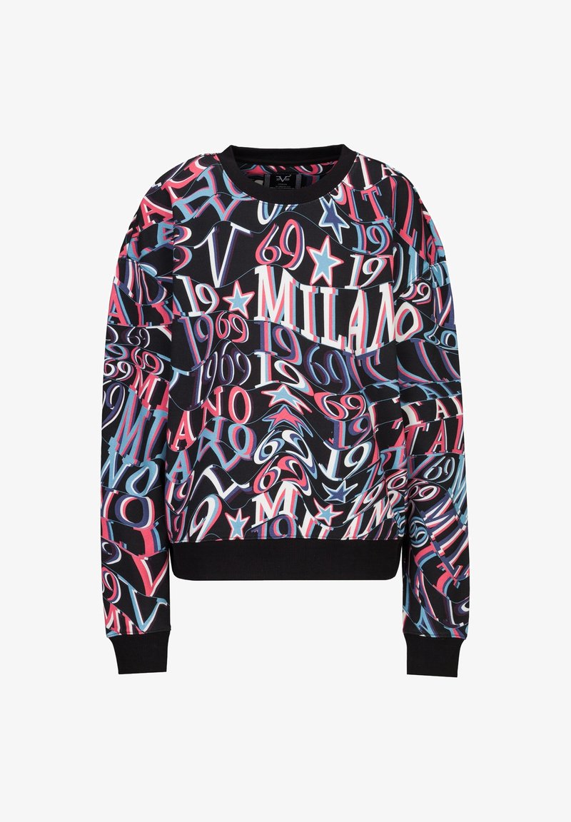 Zwarte sweatshirt met een levendige, abstracte print van cijfers en letters in rood, blauw en wit, met een geribbelde ronde hals en manchetten.