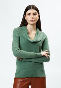 Grüner Pullover mit einem Cowl-Ausschnitt, gerippter Textur am Kragen und den Bündchen sowie einem taillierten Schnitt. Der Stoff wirkt weich und warm.