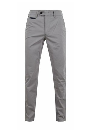 Lichtgrijze, slim fit, casual herenkleding met knoop- en ritssluiting aan de voorkant, riemlussen en zijzakken, frontaal getoond.