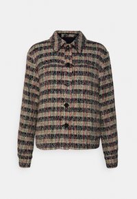 Woven tweed jacket featuring a multicolored pattern, collared neck, button closure, long sleeves, and textured fabric.